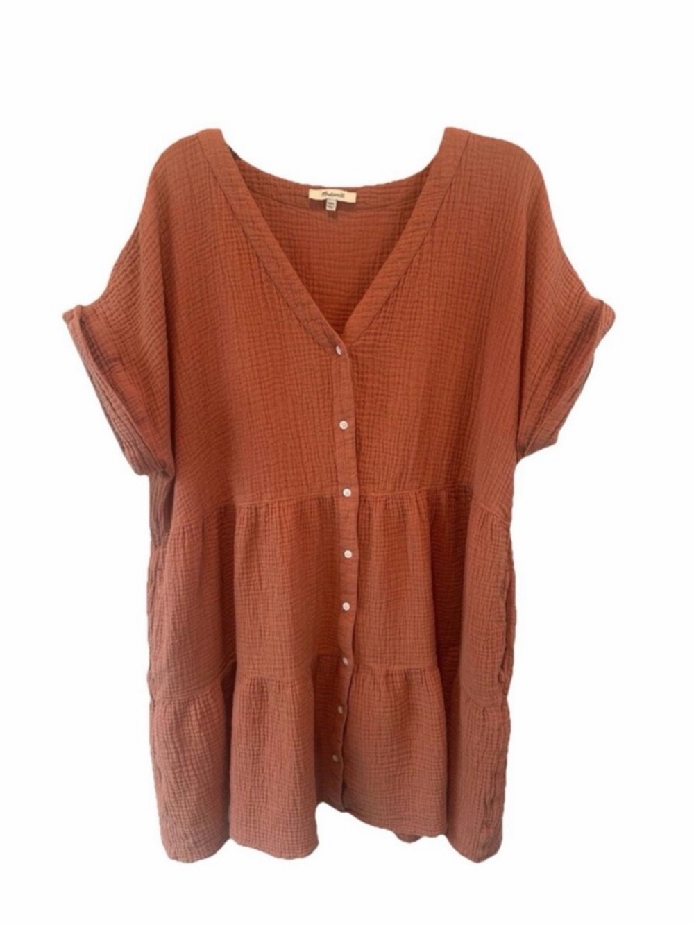 Madewell Lightspun Coral Rust Gauzy Cuff Sleeve Button Tiered Dress XXL Beach